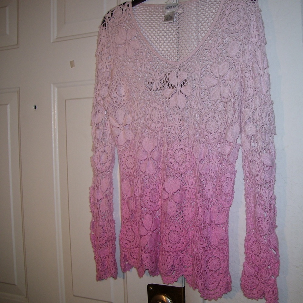 TOGETHER  Crochet Pink Top Cotton Ramie Blend S